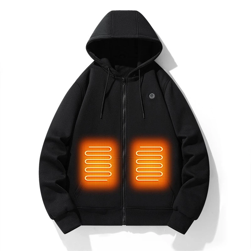 Back view of men’s heated hoodie showing full coverage and design