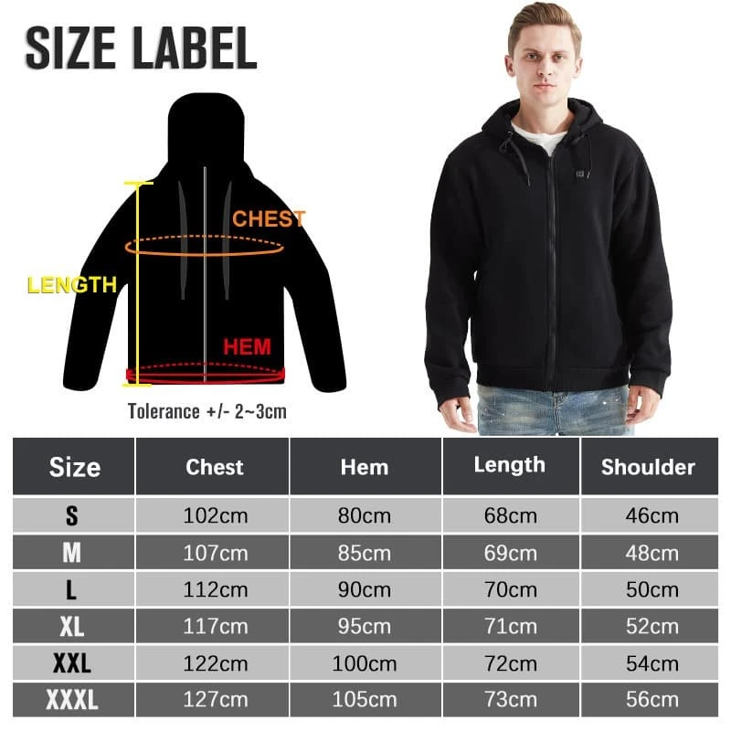 Size label of black heated hoodie showing chest, hem, length, and shoulder measurements (S–XXXL)